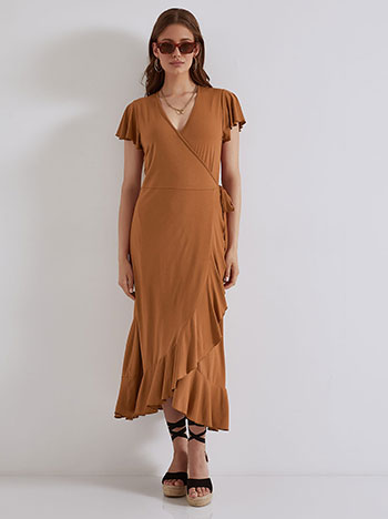 Wrap front dress with ruffles in terracota