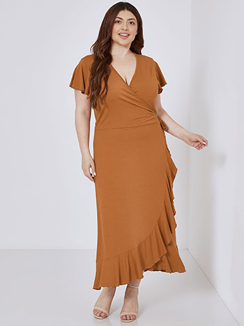 Wrap front dress with ruffles in terracota
