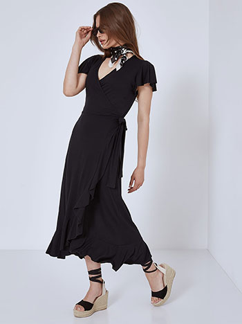 Wrap front dress with ruffles in black