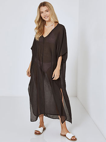 Semi sheer kaftan with side slits in black