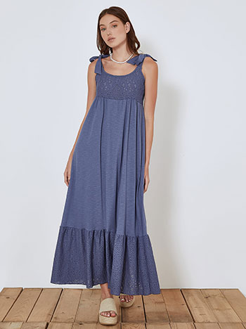 Βαμβακερό φόρεμα με δέσιμο στους ώμους σε μπλε ραφ