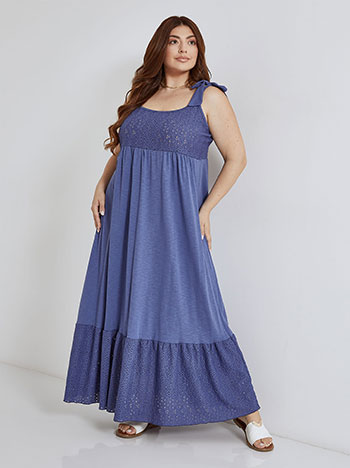 Cotton dress with shoulder ties in rough blue