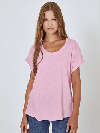 Cotton top with rolled up sleeves in baby pink