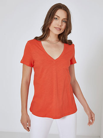 Cotton V neckline T-shirt in orange