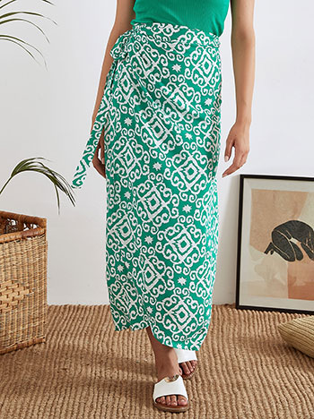 Wrap front printed skirt in green