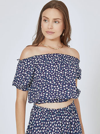 Printed top with elastic neckline in dark blue