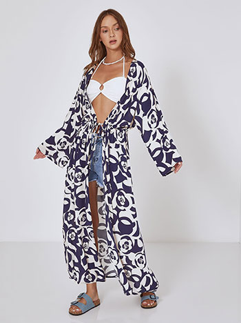 Printed kimono with tie in blue