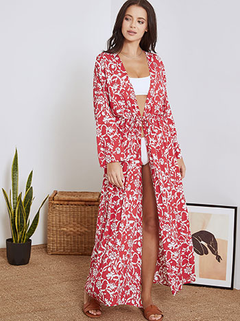 Printed kimono with tie in red