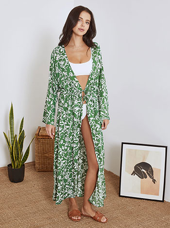 Printed kimono with tie in green | Celestino