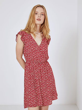 Printed V neckline dress in red