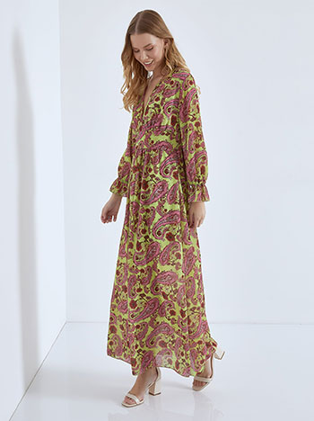 Maxi printed dress with slit in lime