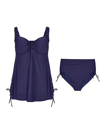 Plus size tankini swimsuit with shirred details in dark blue