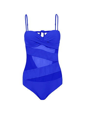 One piece swimsuit with semi sheer details in electric blue
