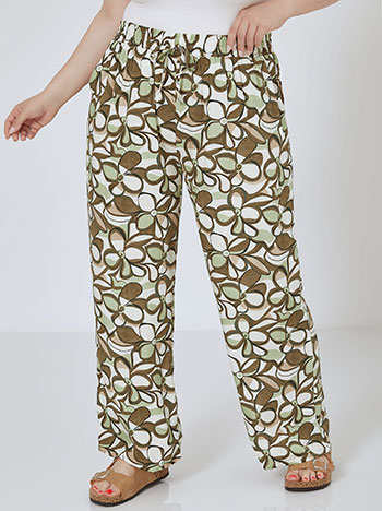 Printed wide leg trousers with elastic waistband in light khaki