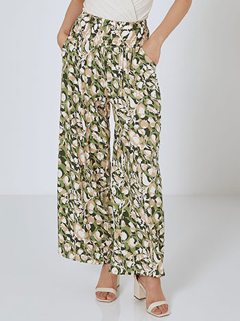 Printed wide leg trousers with smocked detail in light green