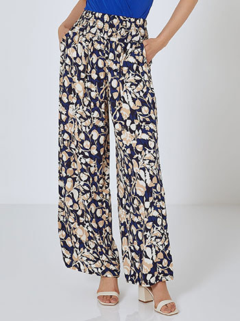 Printed wide leg trousers with smocked detail in dark blue