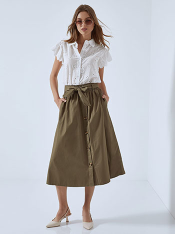 Midi skirt with decorative buttons in khaki