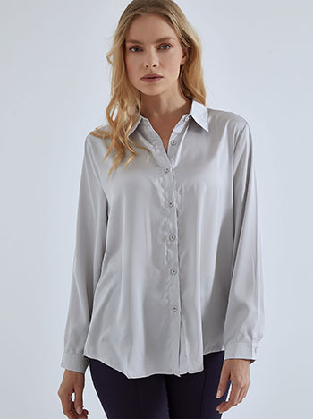 Σατέν μονόχρωμο πουκάμισο, κλείσιμο με κουμπιά, κλασικός γιακάς, γκρι ανοιχτο