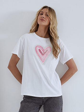 T-shirt με λεπτομέρειες strass, στρογγυλή λαιμόκοψη, ύφασμα με ελαστικότητα, λευκο