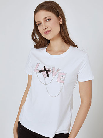 T-shirt με ανάγλυφες λεπτομέρεις και strass σε λευκό