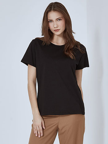 T-shirt με βαμβάκι, στρογγυλή λαιμόκοψη, ύφασμα με ελαστικότητα, μαυρο