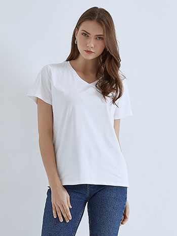 T-shirt με v λαιμόκοψη, ύφασμα με ελαστικότητα, λευκο