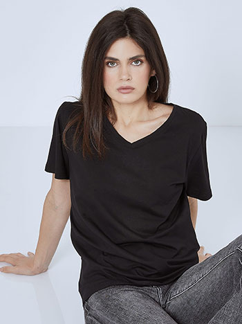 T-shirt με βαμβάκι, v λαιμόκοψη, ύφασμα με ελαστικότητα, μαυρο