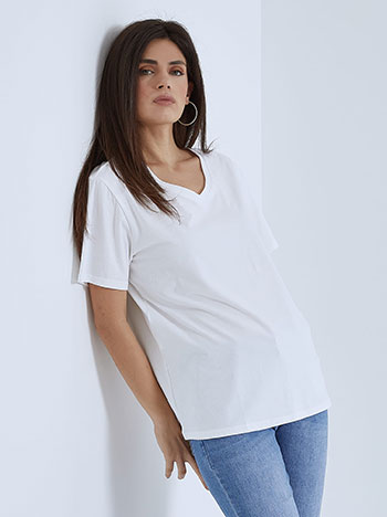 T-shirt με βαμβάκι, v λαιμόκοψη, ύφασμα με ελαστικότητα, λευκο