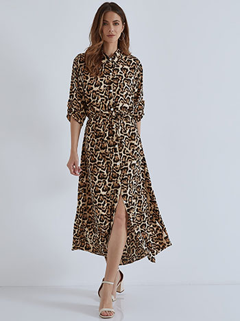 Leopard shirtdress with belt in brown