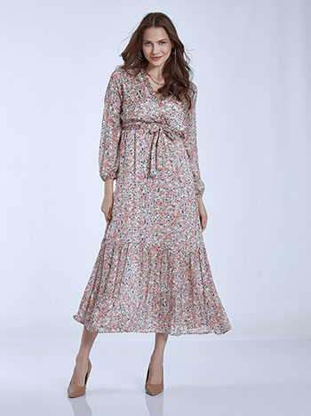 Printed maxi dress with belt in dark pink