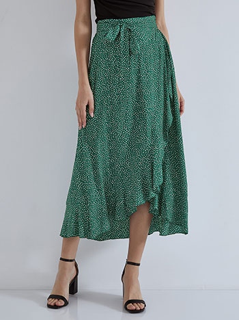 Polka dot wrap front skirt with ruffles in dark green