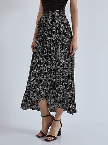 Polka dot wrap front skirt with ruffles in black