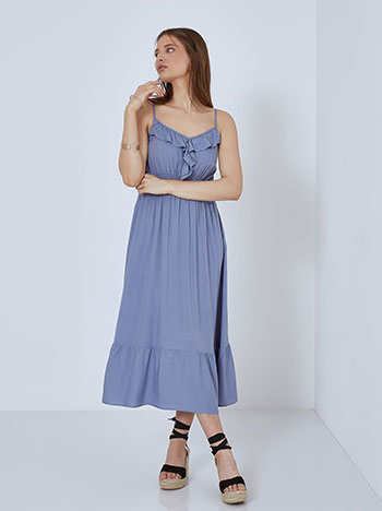 Midi φόρεμα με βολάν, v λαιμόκοψη, ελαστική μέση, ρυθμιζόμενες τιράντες, μπλε ραφ