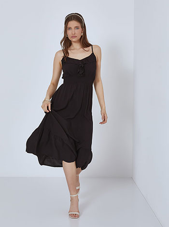 Midi φόρεμα με βολάν, v λαιμόκοψη, ελαστική μέση, ρυθμιζόμενες τιράντες, μαυρο