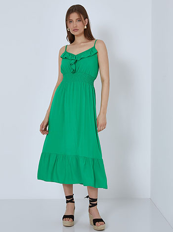 Midi φόρεμα με βολάν, v λαιμόκοψη, ελαστική μέση, ρυθμιζόμενες τιράντες, πρασινο