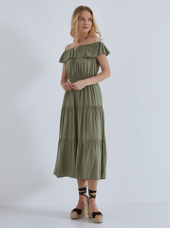 Off the shoulder dress with ruffles in khaki