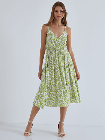 Midi φόρεμα με λουλούδια, κρουαζέ, ελαστική μέση, ρυθμιζόμενες τιράντες, πρασινο ανοιχτο