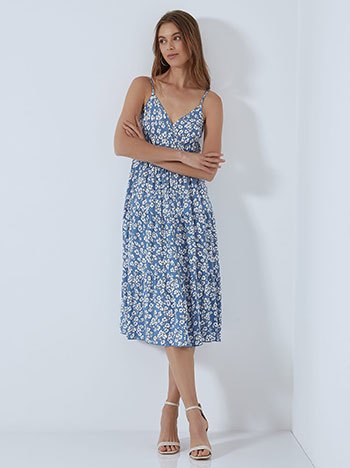 Midi φόρεμα με λουλούδια, κρουαζέ, ελαστική μέση, ρυθμιζόμενες τιράντες, μπλε ραφ