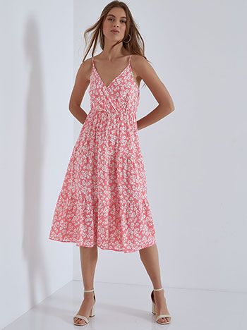 Midi φόρεμα με λουλούδια, κρουαζέ, ελαστική μέση, ρυθμιζόμενες τιράντες, ροζ