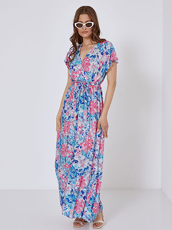 Floral φόρεμα, κρουαζέ, ελαστική μέση, αποσπώμενη ζώνη, θηλιές στη μέση, μπλε