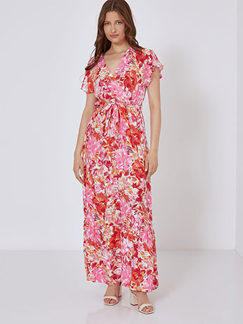 Floral φόρεμα, κρουαζέ, ελαστική μέση, αποσπώμενη ζώνη, θηλιές στη μέση, ροζ