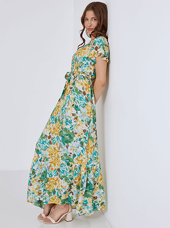 Floral φόρεμα, κρουαζέ, ελαστική μέση, αποσπώμενη ζώνη, θηλιές στη μέση, πρασινο