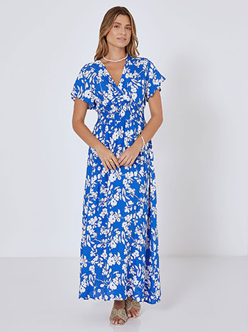 Wrap front dress with flowers in blue