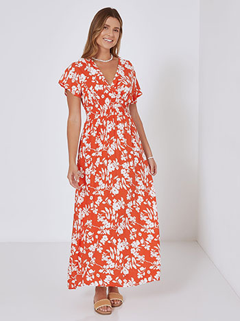 Wrap front dress with flowers in orange