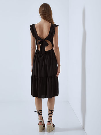 Midi φόρεμα με ανοιχτή πλάτη, τετράγωνη λαιμόκοψη, με δέσιμο, με βολάν, μαυρο