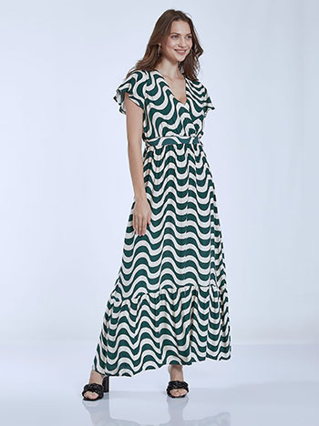 Maxi φόρεμα με ζώνη, κρουαζέ, ελαστική μέση, αποσπώμενη ζώνη, με βολάν, πρασινο σκουρο