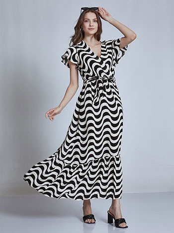Maxi φόρεμα με ζώνη, κρουαζέ, ελαστική μέση, αποσπώμενη ζώνη, με βολάν, μαυρο