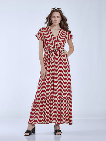 Maxi φόρεμα με ζώνη, κρουαζέ, ελαστική μέση, αποσπώμενη ζώνη, με βολάν, κοκκινο