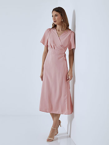 Κρουαζέ midi μονόχρωμο φόρεμα, διακοσμητικά κουμπιά, με πιέτες, ροζ