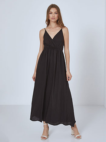 Μονόχρωμο φόρεμα με τιράντες, κρουαζέ, ρυθμιζόμενες τιράντες, ελαστική μέση, ελαστική πλάτη, μαυρο